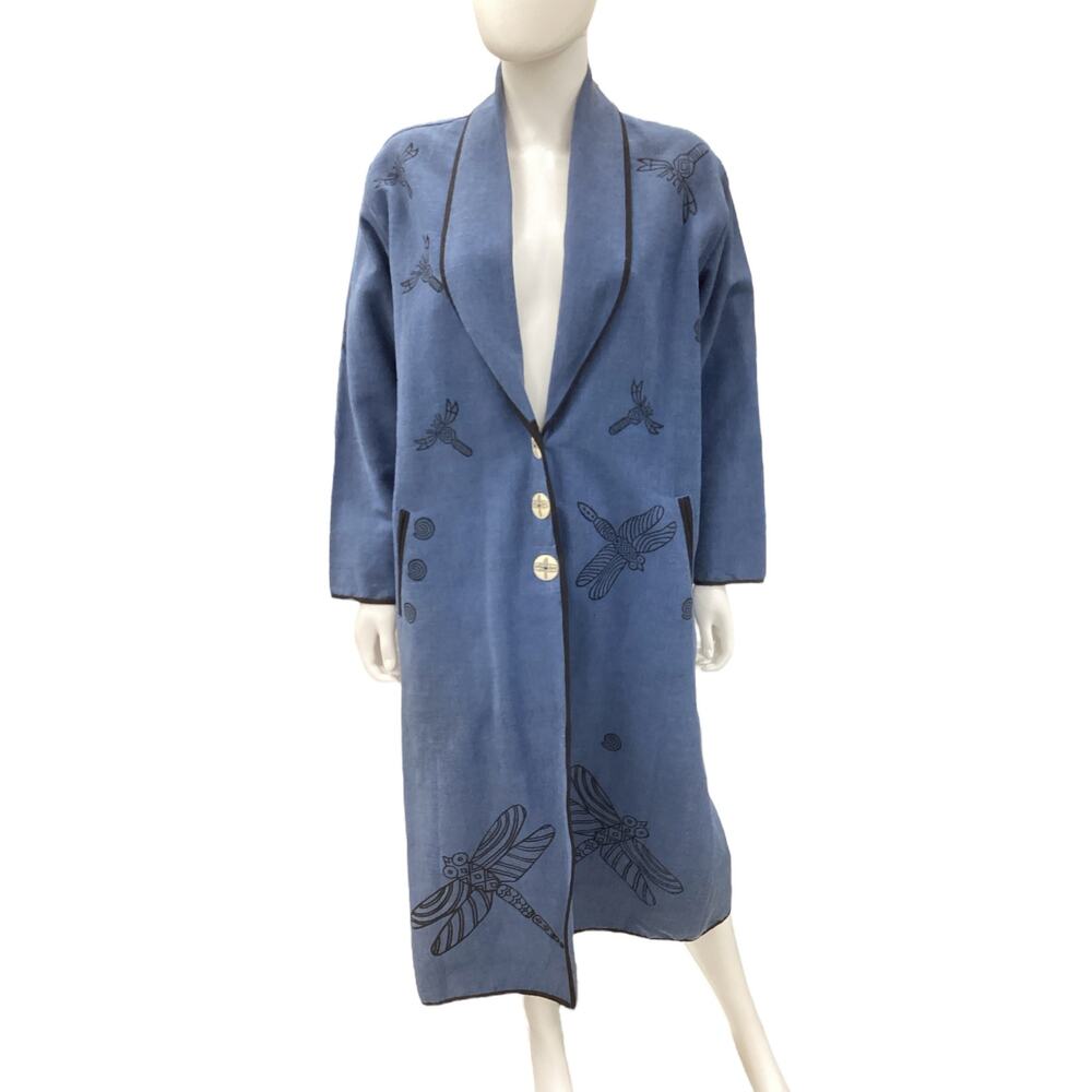 Venus Imports Coat Women’s Size M 100% Cotton Dragonfly Motif Blue And Black